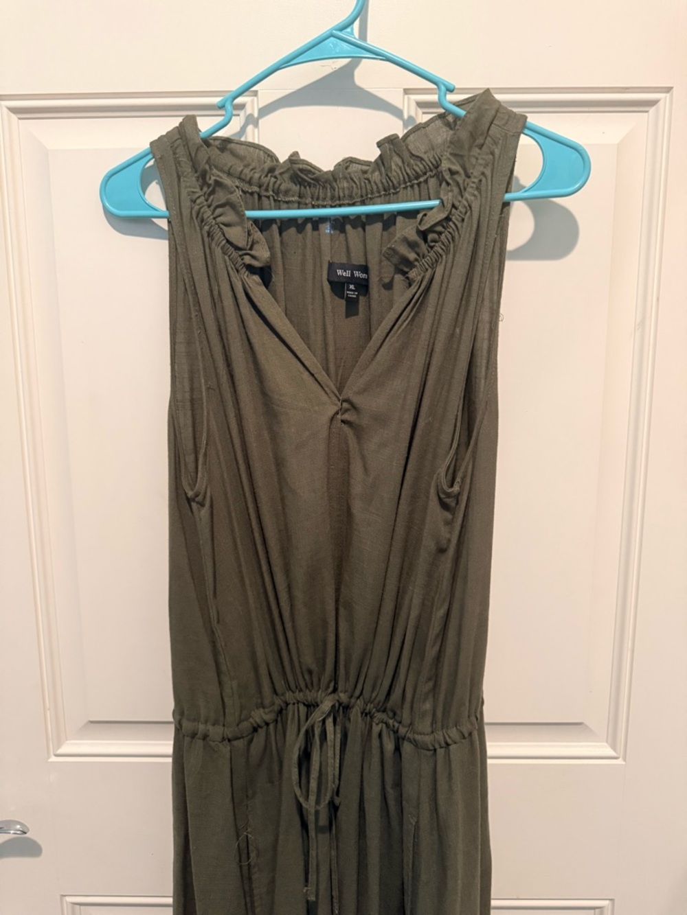Waist-Tie Olive Green Sleeveless Dress
